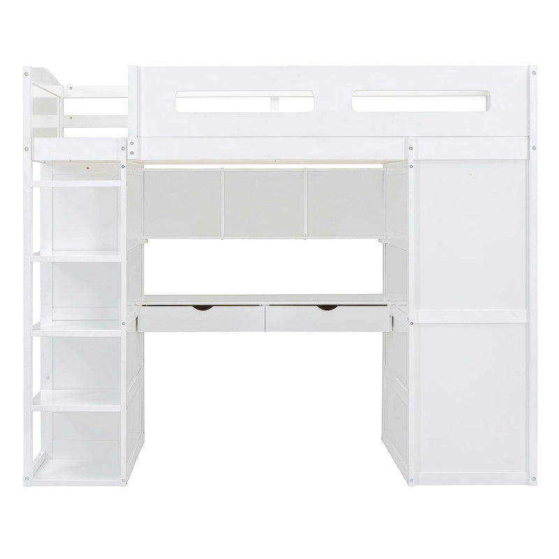 Lit mezzanine double blanc/gris avec bureau, armoire et rangement, 1 personne