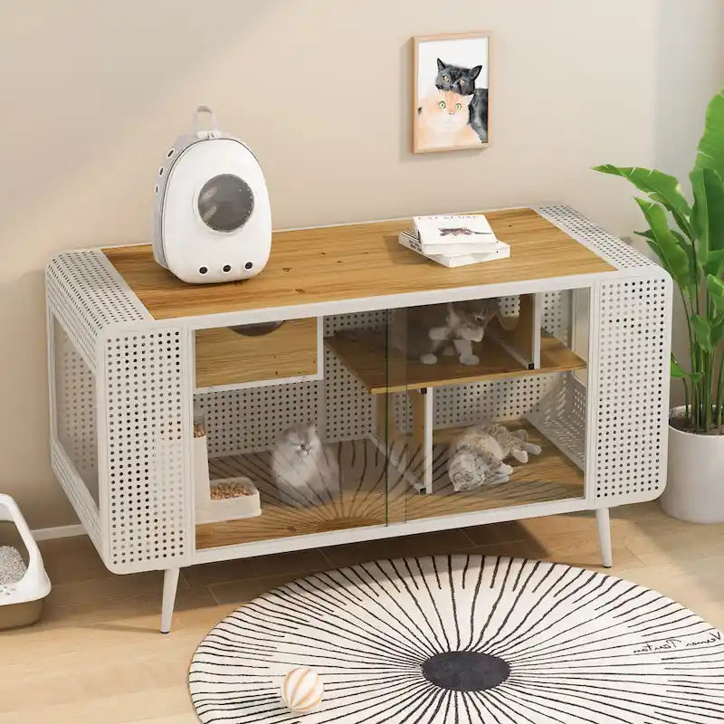 Niche pour chat moderne blanche avec verre trempé, pour 1 à 2 chats